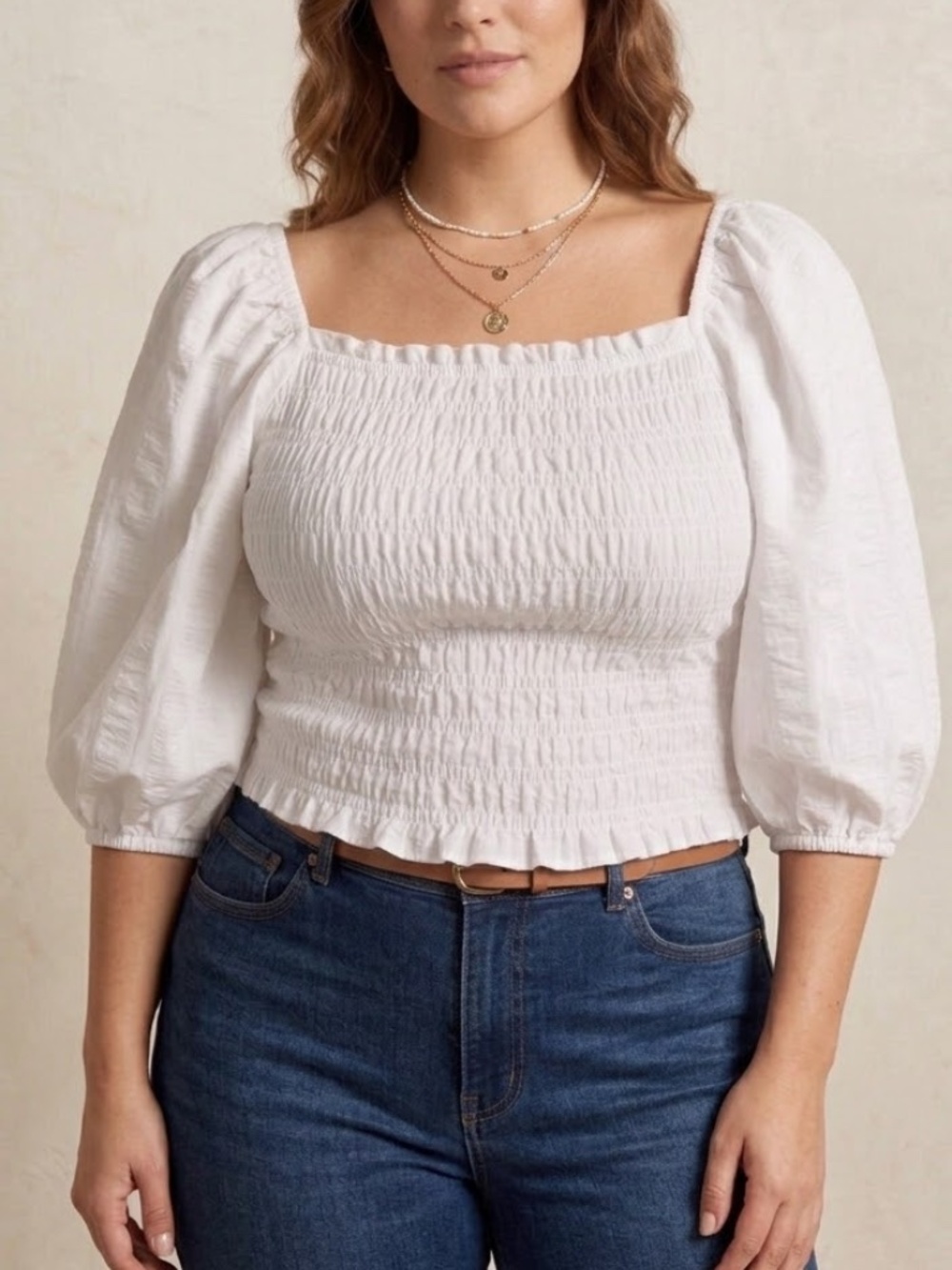 Maeve by Anthropologie White Smocked Puff Sleeve Top - XL